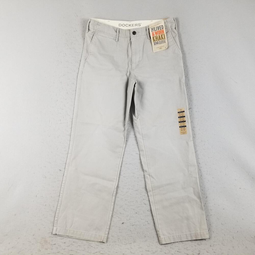 Dockers Pants Mens 33x30 Gray D2 Straight Fit Flat Front Lived & Worn Khaki New